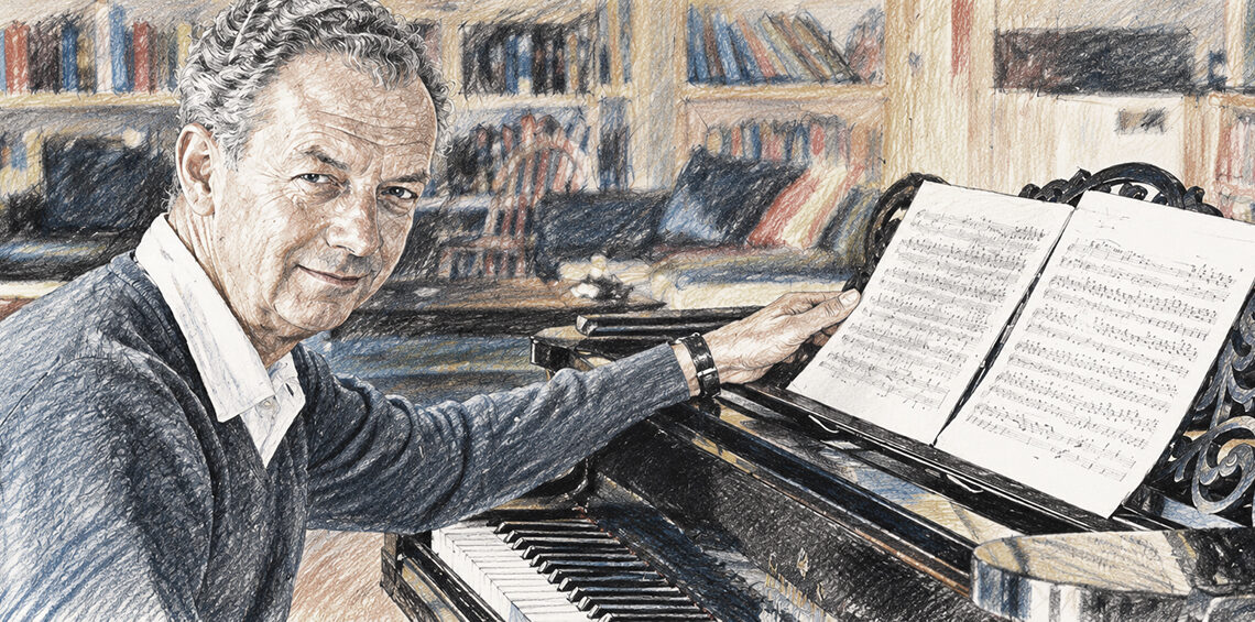 Illustration de Benjamin Britten au piano, compositeur britannique à l’honneur du nouvel album de l’Orchestre national de Metz Grand Est.