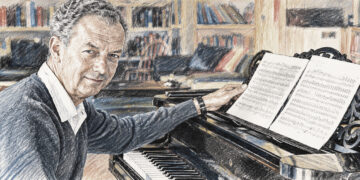Illustration de Benjamin Britten au piano, compositeur britannique à l’honneur du nouvel album de l’Orchestre national de Metz Grand Est.