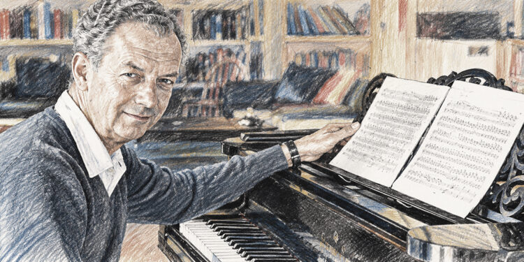 Illustration de Benjamin Britten au piano, compositeur britannique à l’honneur du nouvel album de l’Orchestre national de Metz Grand Est.