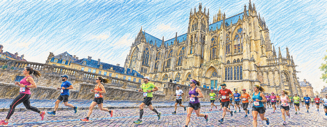 Illustration des coureurs de l’Euro Marathon Metz 2026 devant la cathédrale Saint-Étienne de Metz