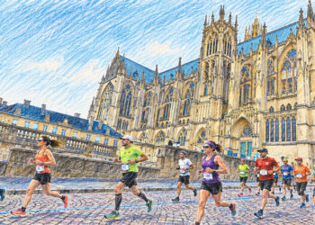 Illustration des coureurs de l’Euro Marathon Metz 2026 devant la cathédrale Saint-Étienne de Metz