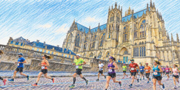 Illustration des coureurs de l’Euro Marathon Metz 2026 devant la cathédrale Saint-Étienne de Metz