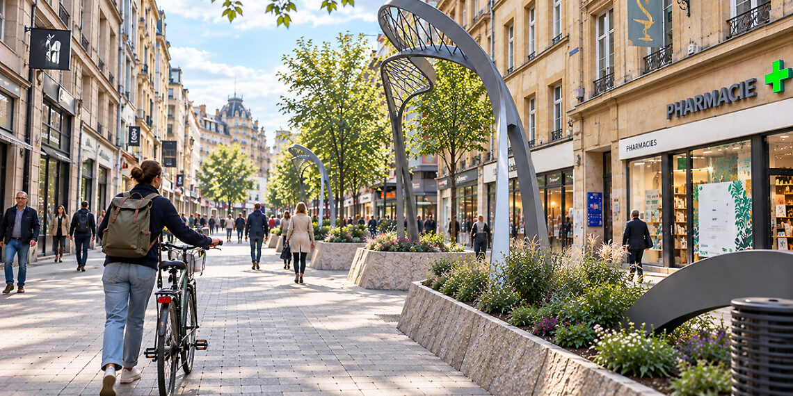 Cycliste marchant à côté de son vélo dans la rue Serpenoise à Metz, où la circulation à vélo sera restreinte dès le 1er novembre 2026.