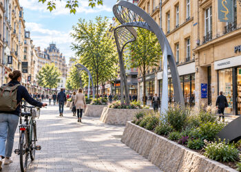 Cycliste marchant à côté de son vélo dans la rue Serpenoise à Metz, où la circulation à vélo sera restreinte dès le 1er novembre 2026.