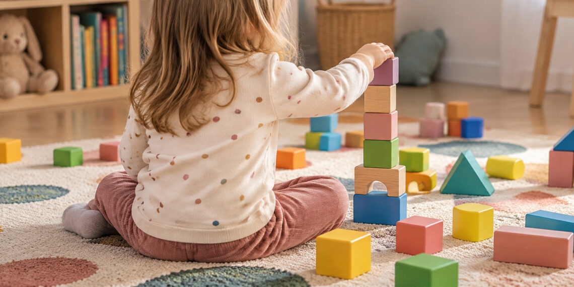Une petite fille vue de dos joue avec des cubes de construction colorés sur un tapis dans un espace d’éveil pour jeunes enfants.