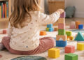 Une petite fille vue de dos joue avec des cubes de construction colorés sur un tapis dans un espace d’éveil pour jeunes enfants.