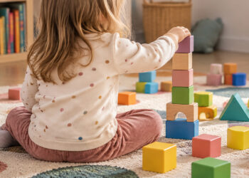 Une petite fille vue de dos joue avec des cubes de construction colorés sur un tapis dans un espace d’éveil pour jeunes enfants.